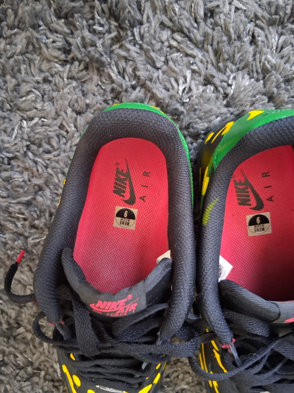 Nike Air Force 1 Black with Yellow Paint Splatter and Green Swoosh - Picture 3 of 6